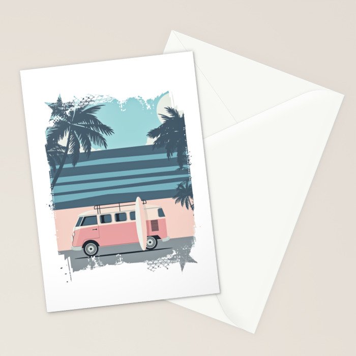 Surfer Graphic Beach Palm-Tree Camper-Van Art Stationery Card Gallery Image 2