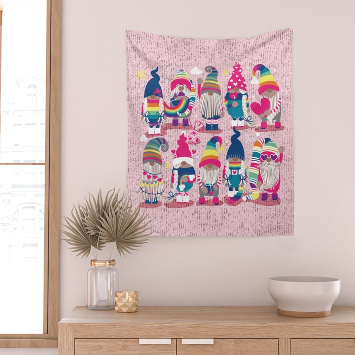 I gnome you // pastel pink background little happy and lovely gnomes with rainbows fuchsia pink hearts Wall Tapestry Gallery Image 2