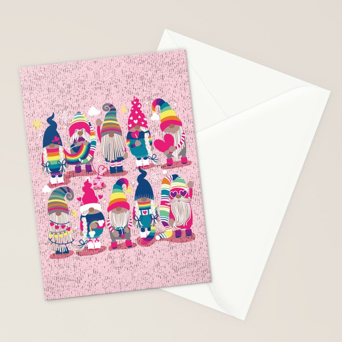 I gnome you // pastel pink background little happy and lovely gnomes with rainbows fuchsia pink hearts Stationery Card Gallery Image 2