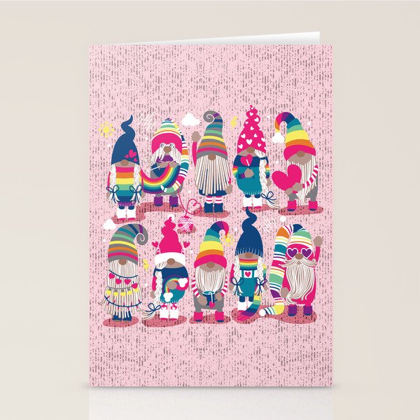 I gnome you // pastel pink background little happy and lovely gnomes with rainbows fuchsia pink hearts Stationery Card Gallery Image 2