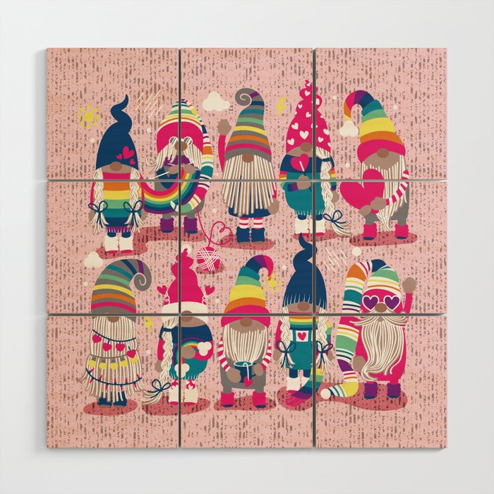 I gnome you // pastel pink background little happy and lovely gnomes with rainbows fuchsia pink hearts Wood Wall Art Gallery Image 1