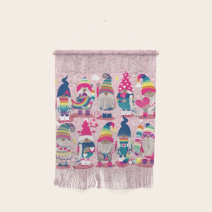 I gnome you // pastel pink background little happy and lovely gnomes with rainbows fuchsia pink hearts Wall Hanging Gallery Image 1