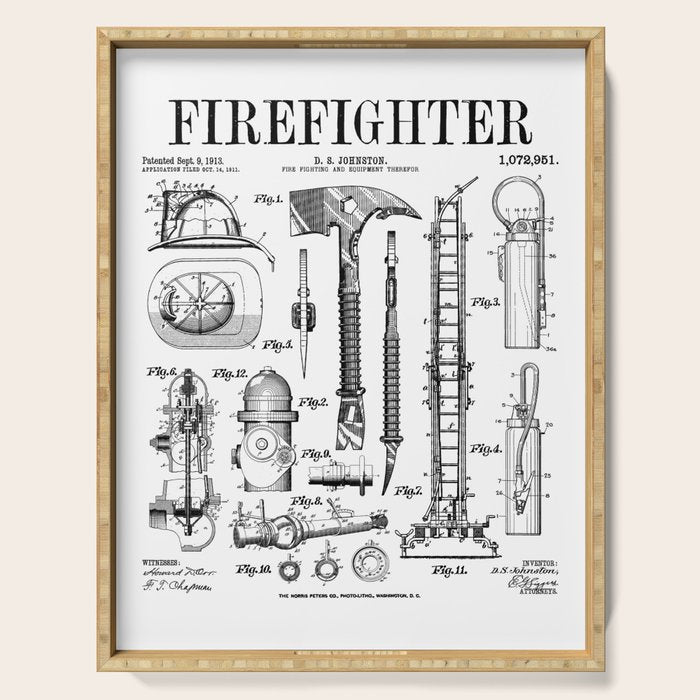 Firefighter Fire Department Fireman Vintage Patent Print Serving Tray Gallery Image 1