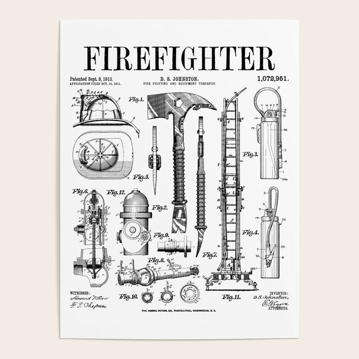 Firefighter Fire Department Fireman Vintage Patent Print Poster Gallery Image 1