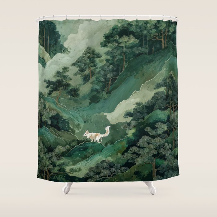 Japanese Wall Art Maximalist Forest Fox Print Japandi Art Sage Green Botanical Wabi Sabi Painting Shower Curtain Gallery Image 1