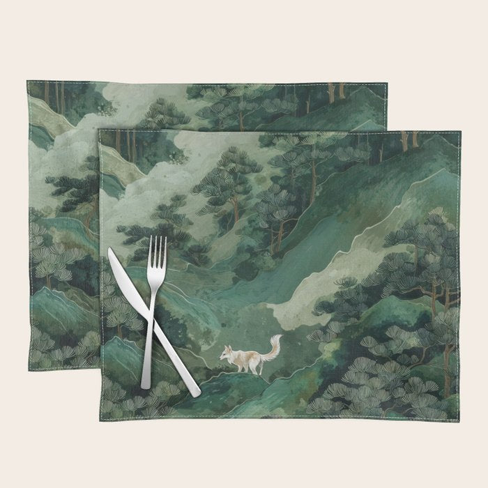 Japanese Wall Art Maximalist Forest Fox Print Japandi Art Sage Green Botanical Wabi Sabi Painting Placemat Gallery Image 1