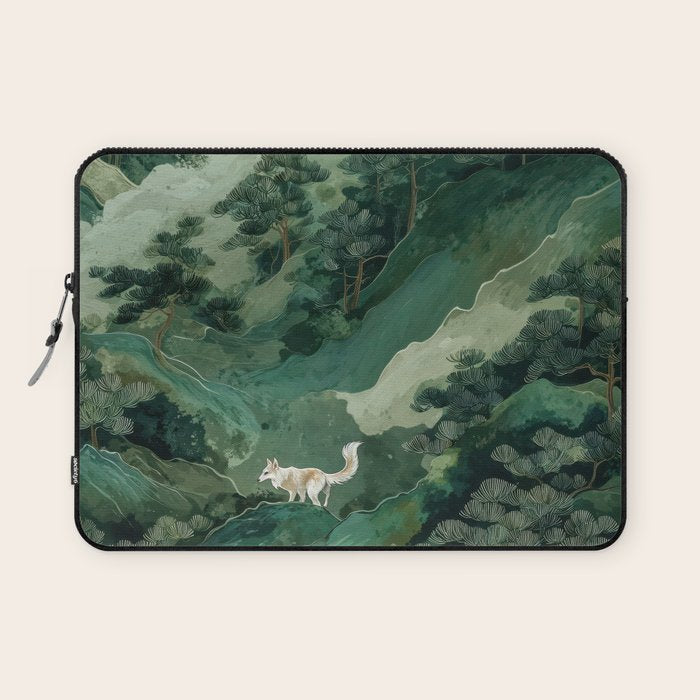 Japanese Wall Art Maximalist Forest Fox Print Japandi Art Sage Green Botanical Wabi Sabi Painting Laptop Sleeve Gallery Image 1