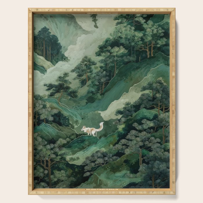 Japanese Wall Art Maximalist Forest Fox Print Japandi Art Sage Green Botanical Wabi Sabi Painting Serving Tray Gallery Image 1