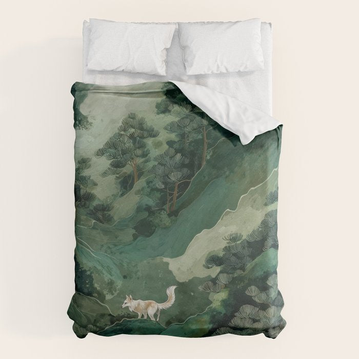 Japanese Wall Art Maximalist Forest Fox Print Japandi Art Sage Green Botanical Wabi Sabi Painting Duvet Cover Gallery Image 1