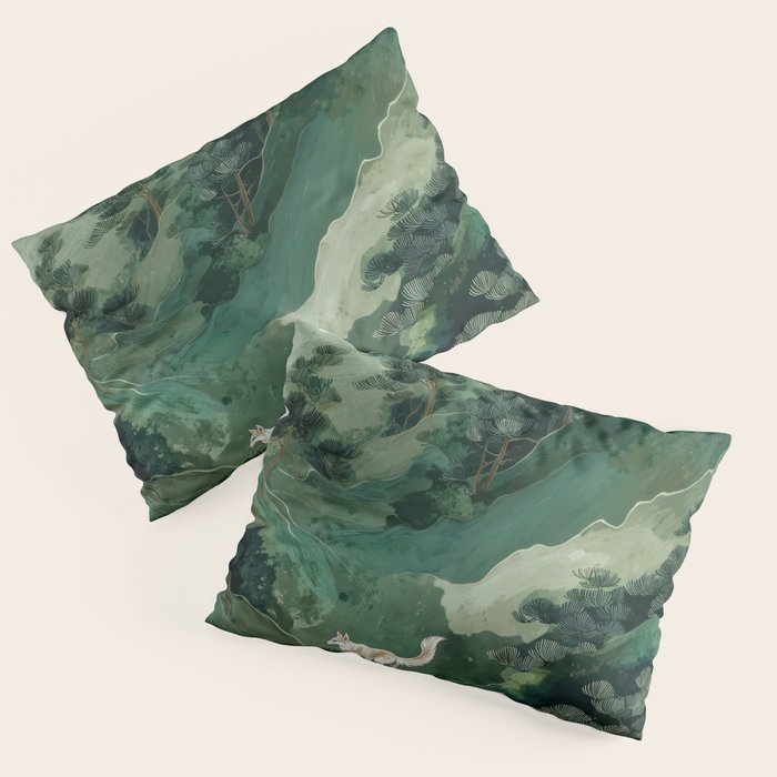 Japanese Wall Art Maximalist Forest Fox Print Japandi Art Sage Green Botanical Wabi Sabi Painting Pillow Sham Gallery Image 3