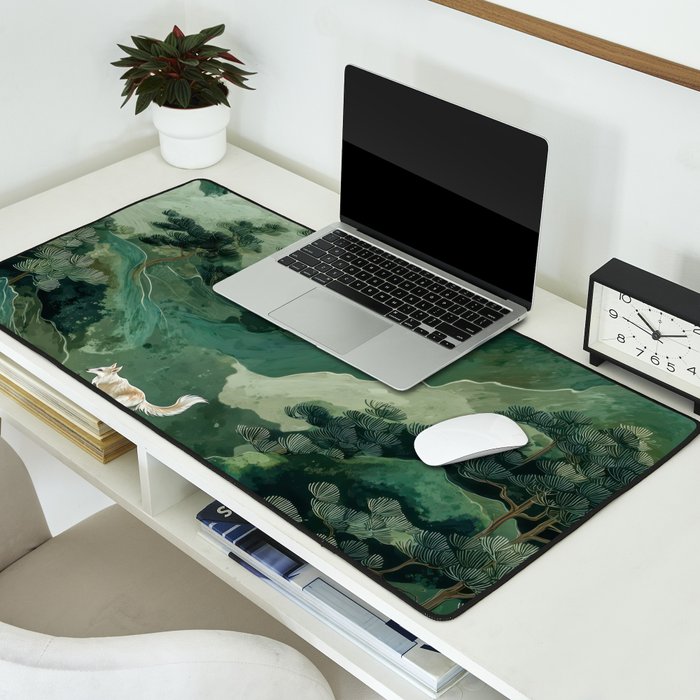 Japanese Wall Art Maximalist Forest Fox Print Japandi Art Sage Green Botanical Wabi Sabi Painting Desk Mat Gallery Image 2
