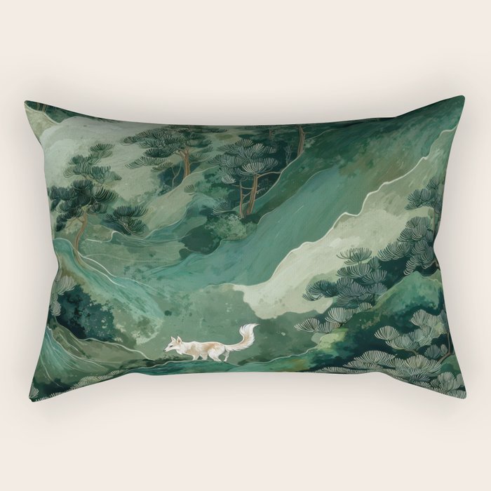Japanese Wall Art Maximalist Forest Fox Print Japandi Art Sage Green Botanical Wabi Sabi Painting Rectangular Pillow Gallery Image 1