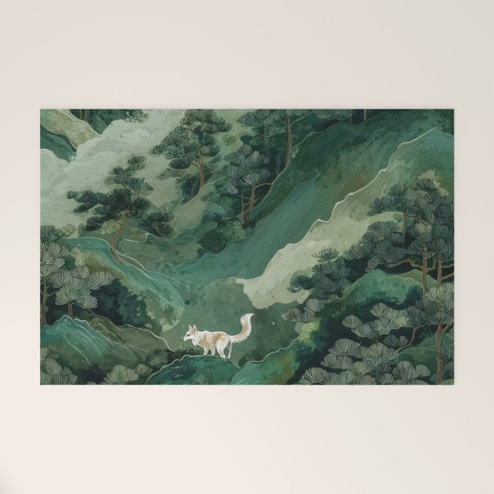 Japanese Wall Art Maximalist Forest Fox Print Japandi Art Sage Green Botanical Wabi Sabi Painting Welcome Mat Gallery Image 1