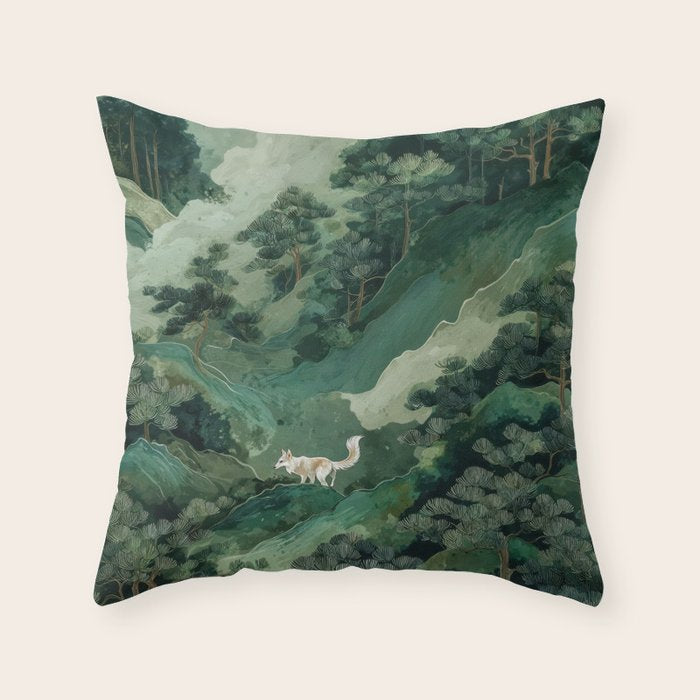 Japanese Wall Art Maximalist Forest Fox Print Japandi Art Sage Green Botanical Wabi Sabi Painting Throw Pillow Gallery Image 6