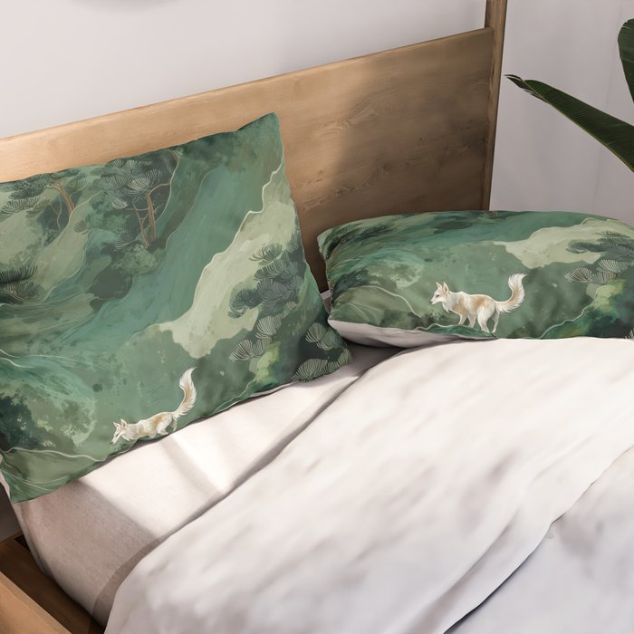 Japanese Wall Art Maximalist Forest Fox Print Japandi Art Sage Green Botanical Wabi Sabi Painting Pillow Sham Gallery Image 2