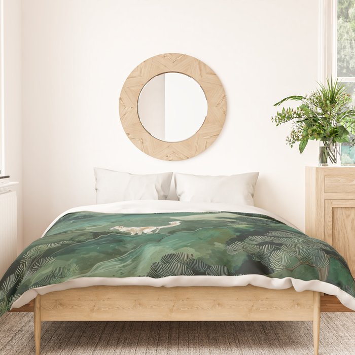 Japanese Wall Art Maximalist Forest Fox Print Japandi Art Sage Green Botanical Wabi Sabi Painting Duvet Cover Gallery Image 3