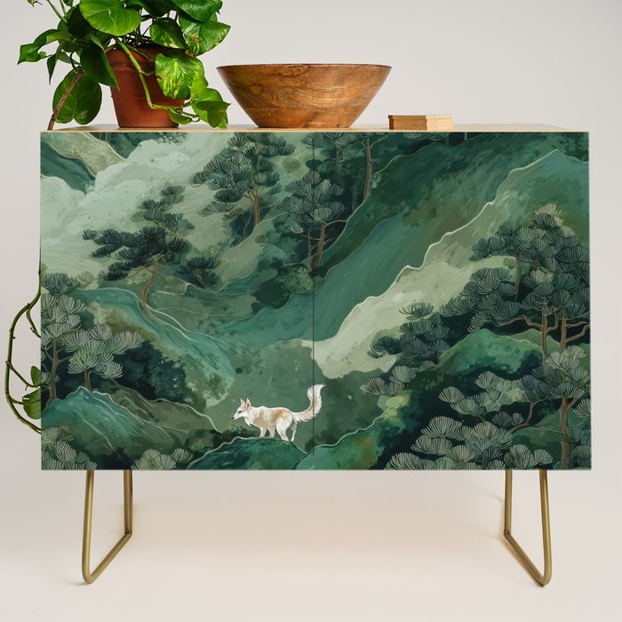 Japanese Wall Art Maximalist Forest Fox Print Japandi Art Sage Green Botanical Wabi Sabi Painting Credenza Gallery Image 1