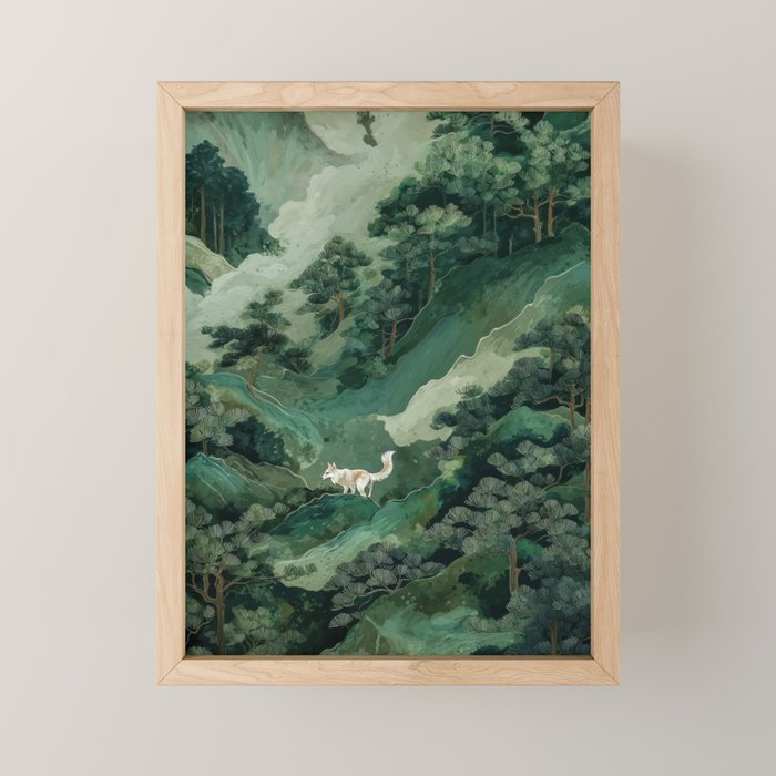 Japanese Wall Art Maximalist Forest Fox Print Japandi Art Sage Green Botanical Wabi Sabi Painting Mini Art Print Gallery Image 1