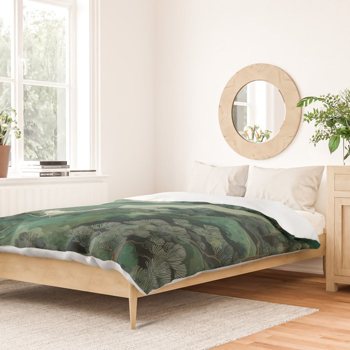 Japanese Wall Art Maximalist Forest Fox Print Japandi Art Sage Green Botanical Wabi Sabi Painting Duvet Cover Gallery Image 2