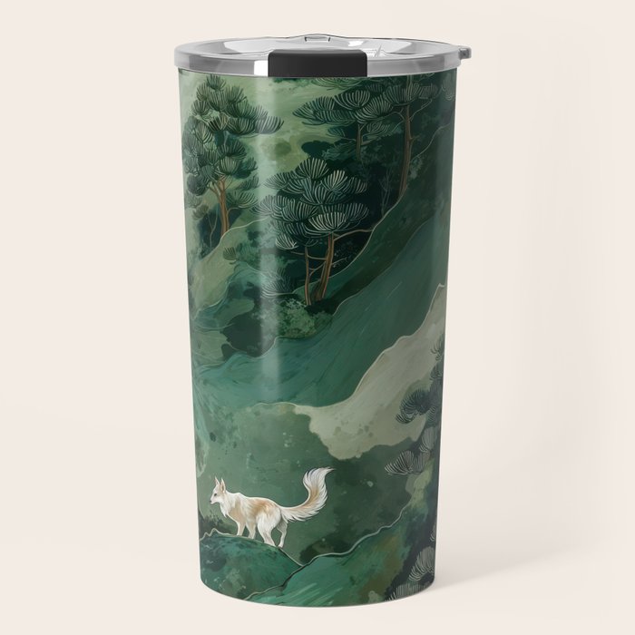 Japanese Wall Art Maximalist Forest Fox Print Japandi Art Sage Green Botanical Wabi Sabi Painting Travel Mug Gallery Image 1