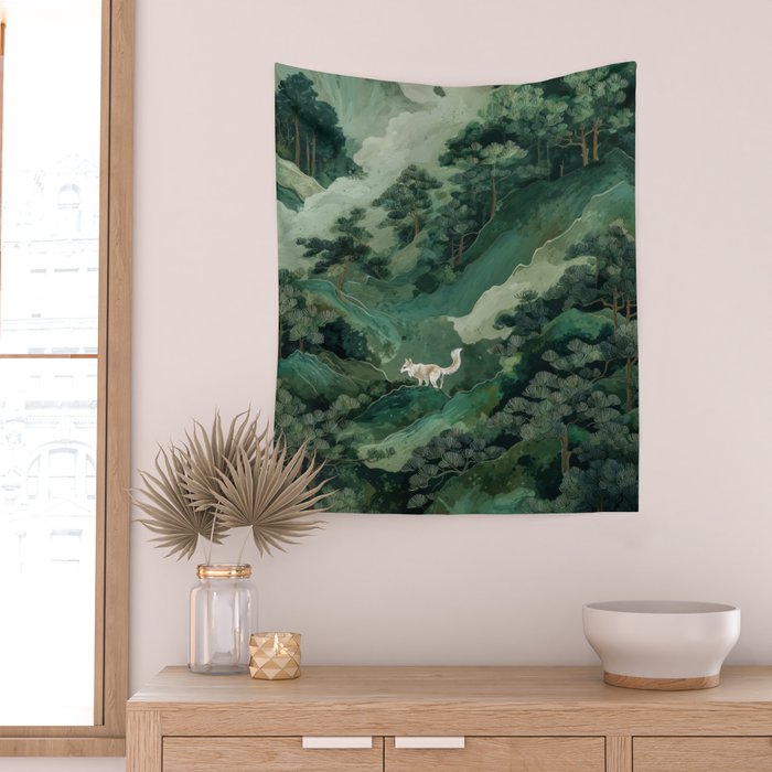 Japanese Wall Art Maximalist Forest Fox Print Japandi Art Sage Green Botanical Wabi Sabi Painting Wall Tapestry Gallery Image 2
