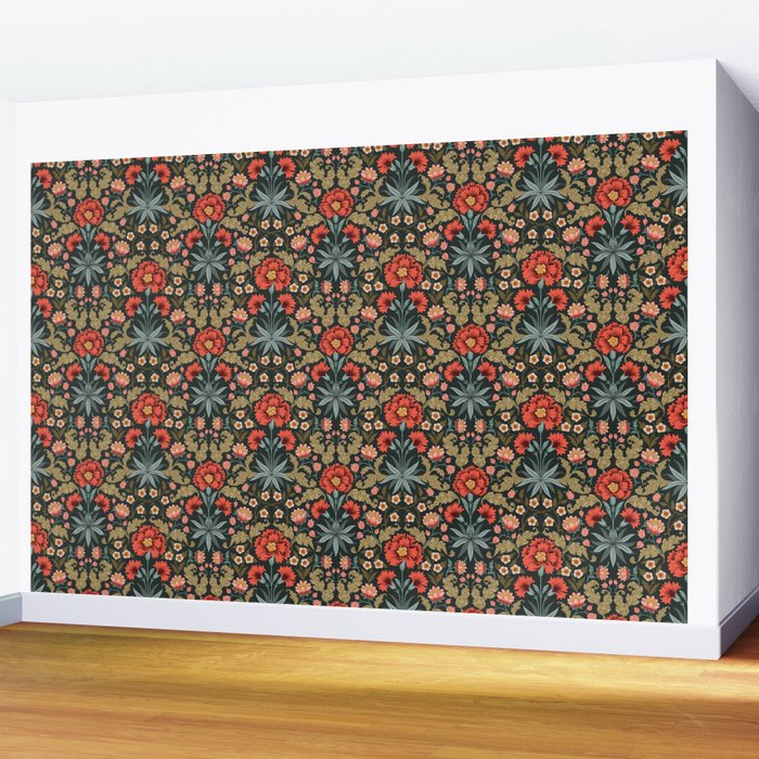 Victorian Carnation in Moody Red and Green Wall Mural Gallery Image 2
