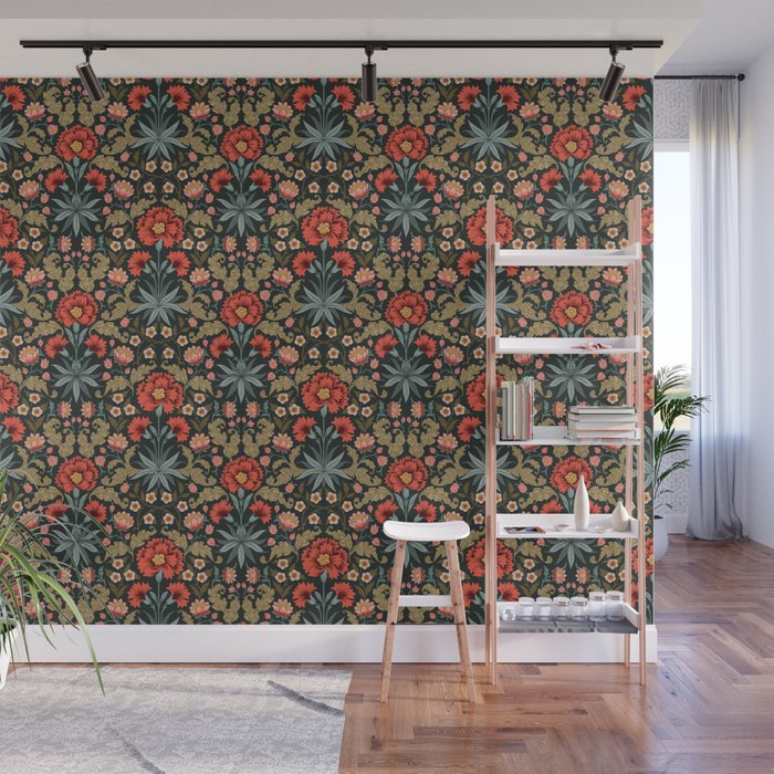 Victorian Carnation in Moody Red and Green Wall Mural Gallery Image 1