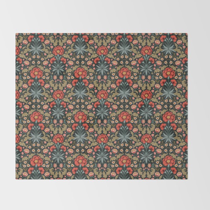 Victorian Carnation in Moody Red and Green Throw Blanket Gallery Image 2
