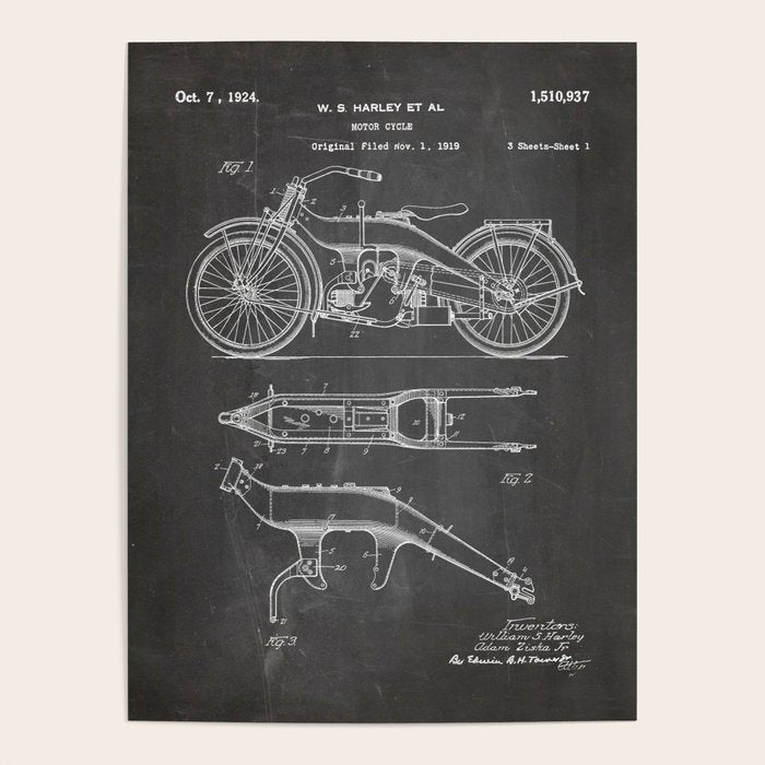 Harley Motorcycle Patent - Harley Bike Art - Black Chalkboard Poster Gallery Image 1