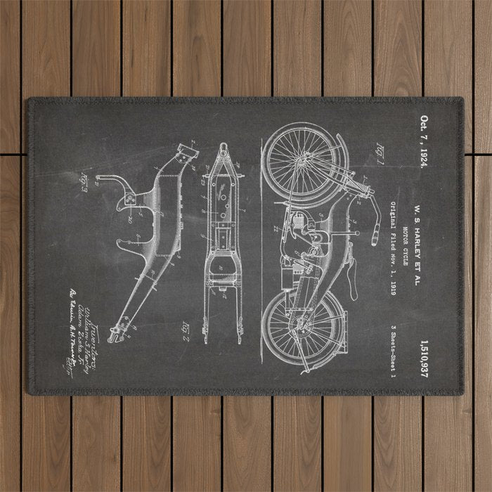 Harley Motorcycle Patent - Harley Bike Art - Black Chalkboard Outdoor Rug Gallery Image 1