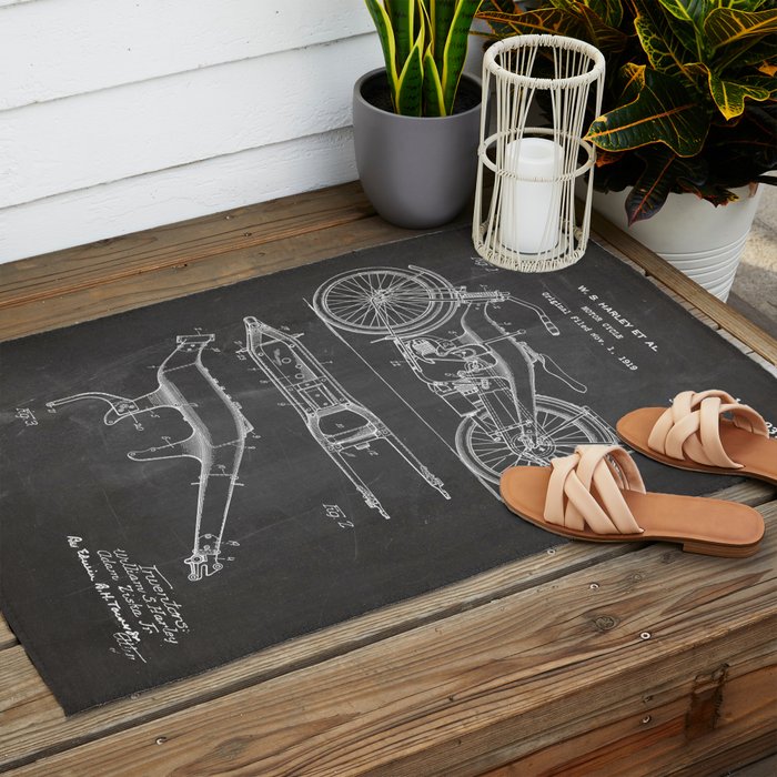 Harley Motorcycle Patent - Harley Bike Art - Black Chalkboard Outdoor Rug Gallery Image 2