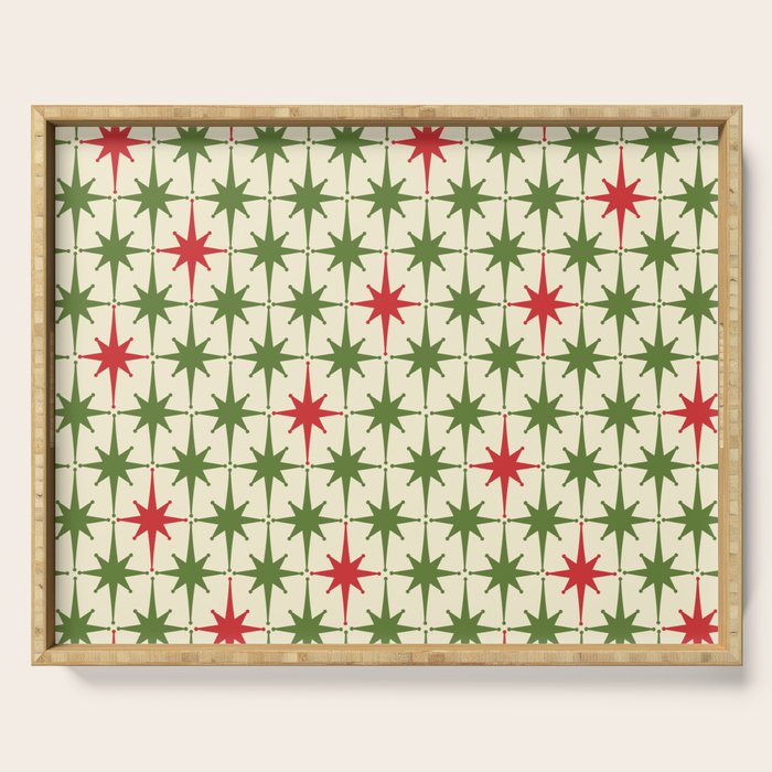 Christmas Starbursts - Atomic Age Xmas Holiday Pattern in Red and Retro Green on Cream Serving Tray Gallery Image 1