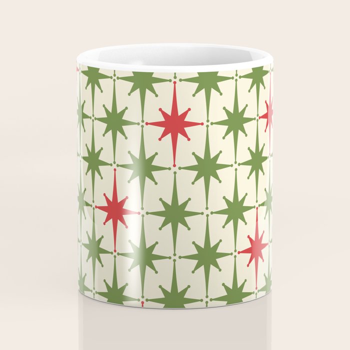 Christmas Starbursts - Atomic Age Xmas Holiday Pattern in Red and Retro Green on Cream Coffee Mug Gallery Image 4