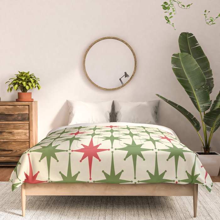 Christmas Starbursts - Atomic Age Xmas Holiday Pattern in Red and Retro Green on Cream Comforter Gallery Image 3