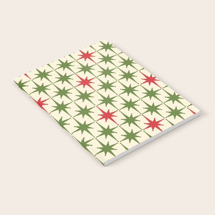 Christmas Starbursts - Atomic Age Xmas Holiday Pattern in Red and Retro Green on Cream Notebook Gallery Image 1