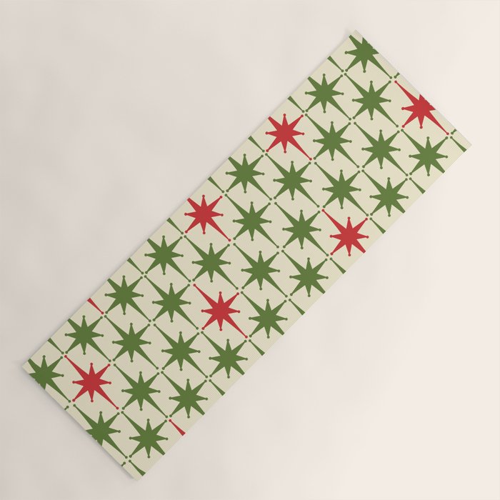 Christmas Starbursts - Atomic Age Xmas Holiday Pattern in Red and Retro Green on Cream Yoga Mat Gallery Image 1