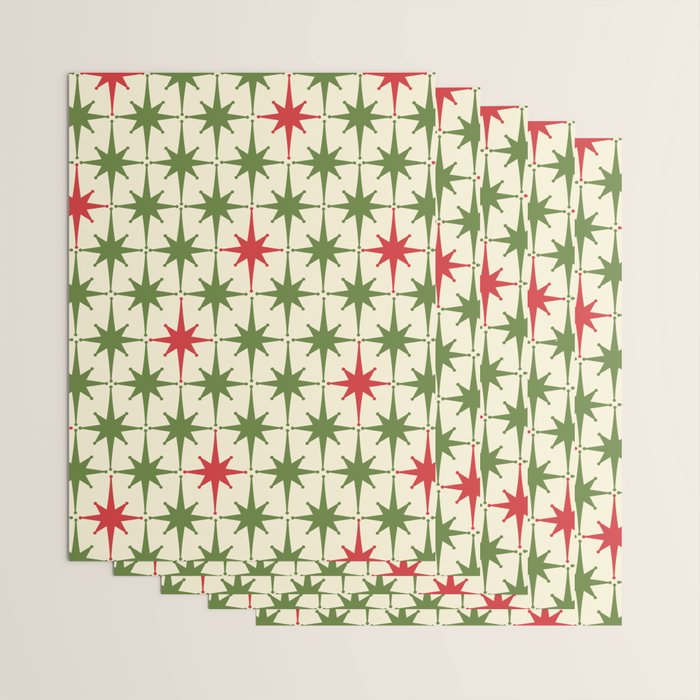 Christmas Starbursts - Atomic Age Xmas Holiday Pattern in Red and Retro Green on Cream Wrapping Paper Gallery Image 3