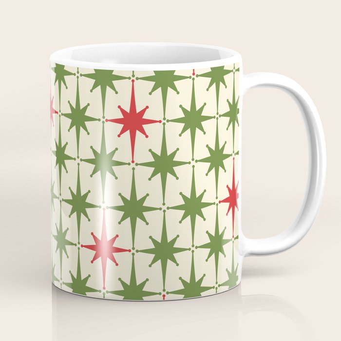Christmas Starbursts - Atomic Age Xmas Holiday Pattern in Red and Retro Green on Cream Coffee Mug Gallery Image 1