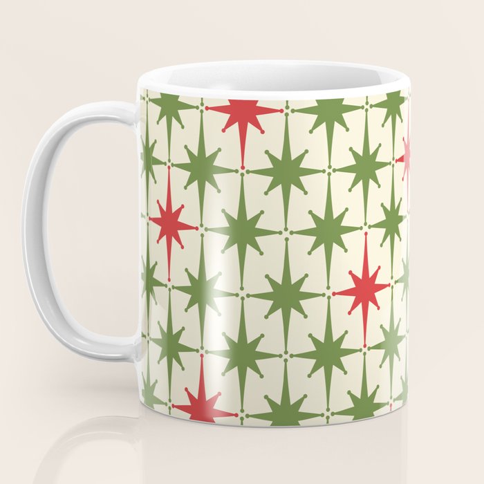 Christmas Starbursts - Atomic Age Xmas Holiday Pattern in Red and Retro Green on Cream Coffee Mug Gallery Image 3