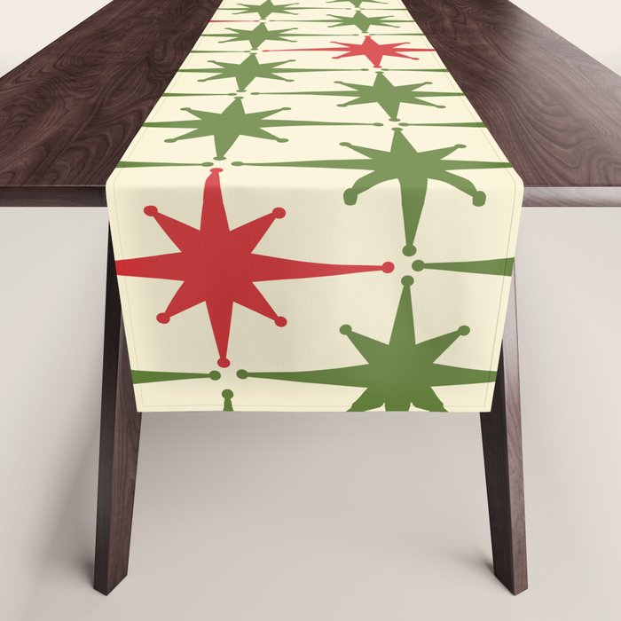 Christmas Starbursts - Atomic Age Xmas Holiday Pattern in Red and Retro Green on Cream Table Runner Gallery Image 1