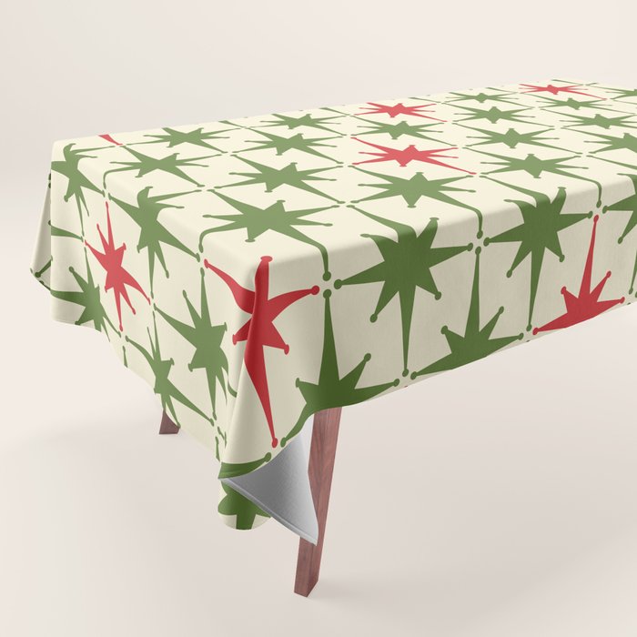 Christmas Starbursts - Atomic Age Xmas Holiday Pattern in Red and Retro Green on Cream Tablecloth Gallery Image 1