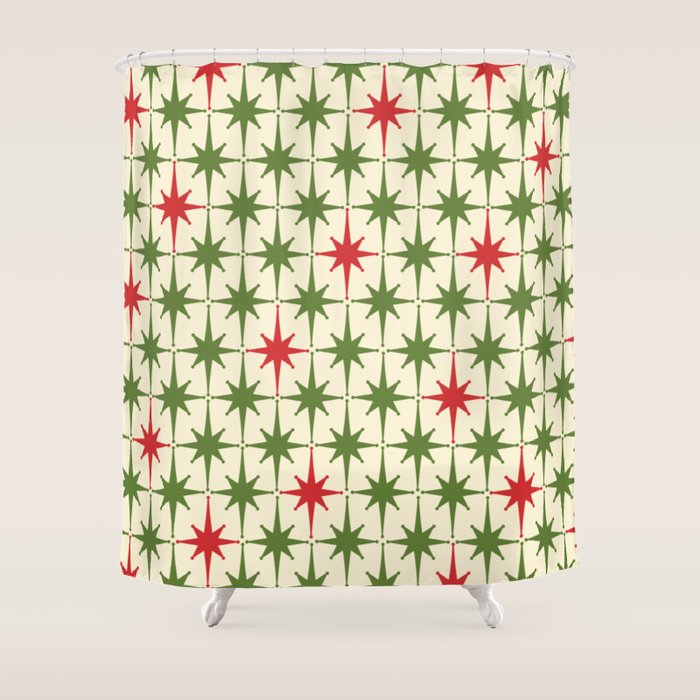 Christmas Starbursts - Atomic Age Xmas Holiday Pattern in Red and Retro Green on Cream Shower Curtain Gallery Image 1