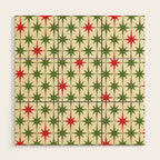 Christmas Starbursts - Atomic Age Xmas Holiday Pattern in Red and Retro Green on Cream Wood Wall Art Gallery Image 1