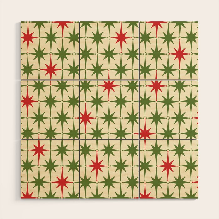 Christmas Starbursts - Atomic Age Xmas Holiday Pattern in Red and Retro Green on Cream Wood Wall Art Gallery Image 1