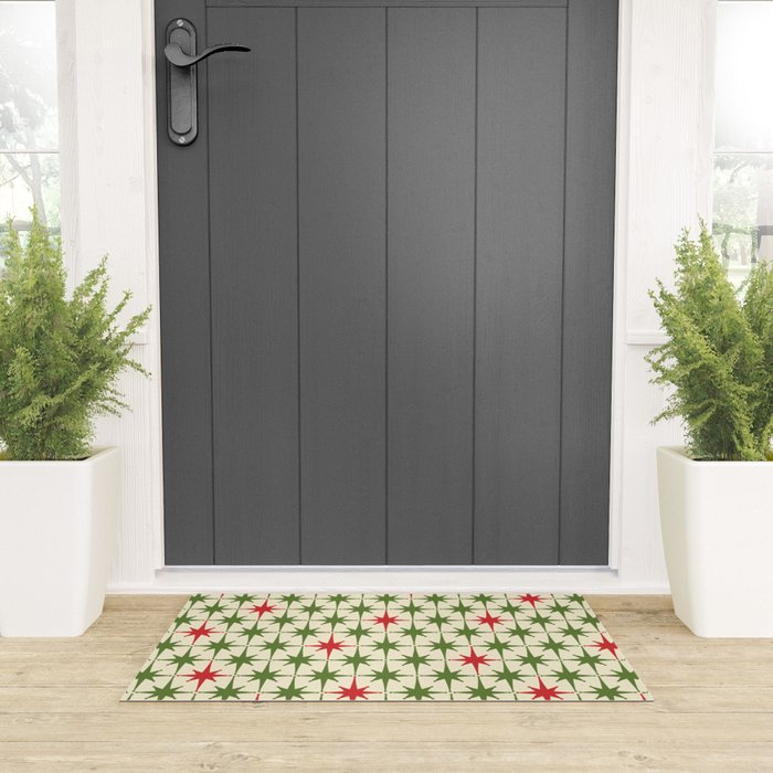 Christmas Starbursts - Atomic Age Xmas Holiday Pattern in Red and Retro Green on Cream Welcome Mat Gallery Image 3