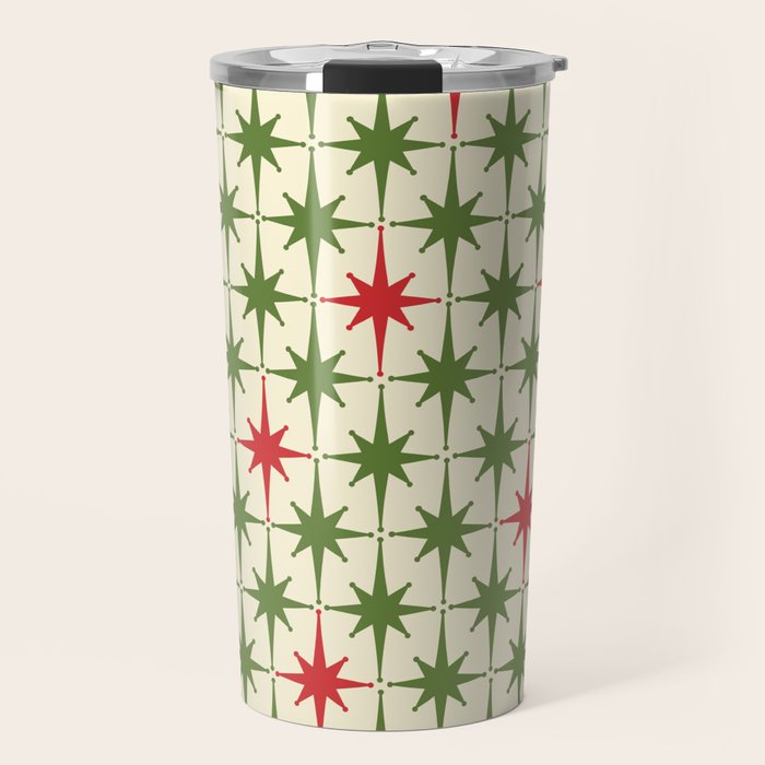 Christmas Starbursts - Atomic Age Xmas Holiday Pattern in Red and Retro Green on Cream Travel Mug Gallery Image 1