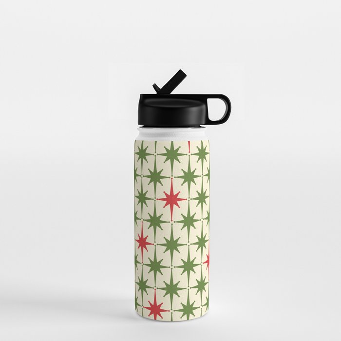 Christmas Starbursts - Atomic Age Xmas Holiday Pattern in Red and Retro Green on Cream Water Bottle Gallery Image 1