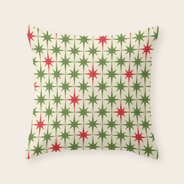 Christmas Starbursts - Atomic Age Xmas Holiday Pattern in Red and Retro Green on Cream Throw Pillow Gallery Image 6