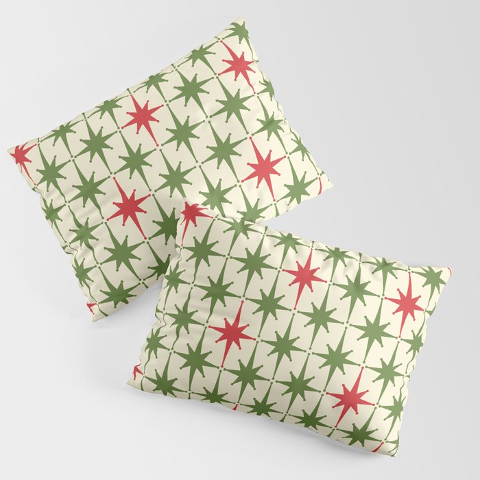 Christmas Starbursts - Atomic Age Xmas Holiday Pattern in Red and Retro Green on Cream Pillow Sham Gallery Image 1
