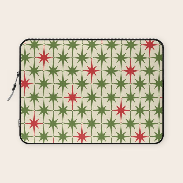 Christmas Starbursts - Atomic Age Xmas Holiday Pattern in Red and Retro Green on Cream Laptop Sleeve Gallery Image 1